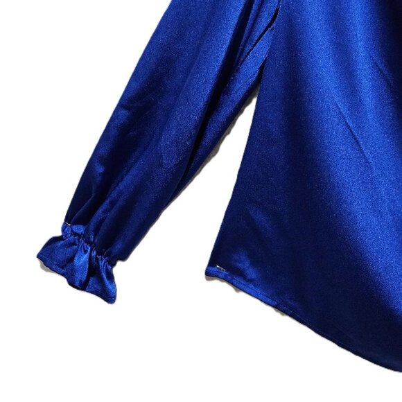 VINTAGE BLUE SATIN DRAPED NECK LONG SLEEVE BLOUSE   L - Picture 3 of 3